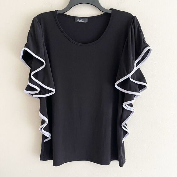 Flutter Top Size XL Womens Black White Trim Short Sleeves Ruffles Blouse Casual - Picture 9 of 9